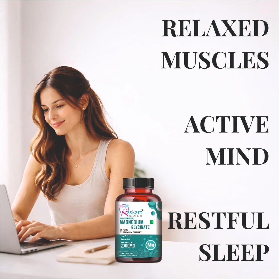 Raskam Magnesium Glycinate, 2000mg per serving, 120 vegetarian tablets, supports muscle recovery, sleep and nerve health