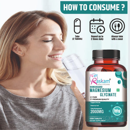 Raskam Magnesium Glycinate, 2000mg per serving, 120 vegetarian tablets, supports muscle recovery, sleep and nerve health
