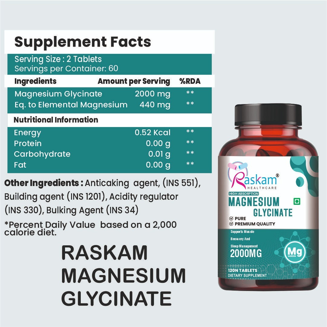 Raskam Magnesium Glycinate, 2000mg per serving, 120 vegetarian tablets, supports muscle recovery, sleep and nerve health