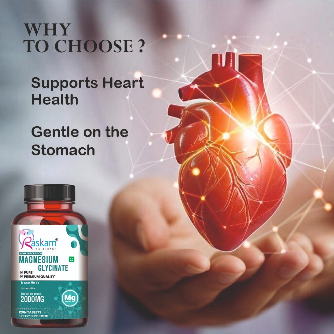 Raskam Magnesium Glycinate, 2000mg per serving, 120 vegetarian tablets, supports muscle recovery, sleep and nerve health