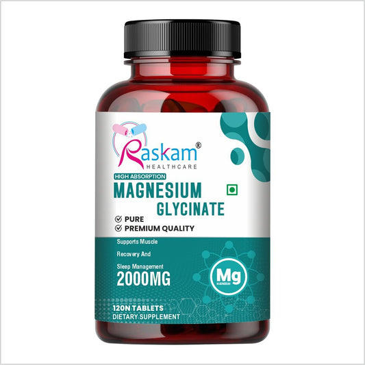 Raskam Magnesium Glycinate, 2000mg per serving, 120 vegetarian tablets, supports muscle recovery, sleep and nerve health