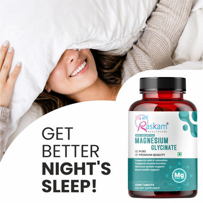 Raskam Magnesium Glycinate, 2000mg per serving, 120 vegetarian tablets, supports muscle recovery, sleep and nerve health