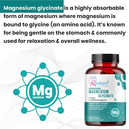 Raskam Magnesium Glycinate, 2000mg per serving, 120 vegetarian tablets, supports muscle recovery, sleep and nerve health
