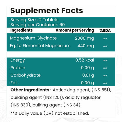 Raskam Magnesium Glycinate, 2000mg per serving, 120 vegetarian tablets, supports muscle recovery, sleep and nerve health