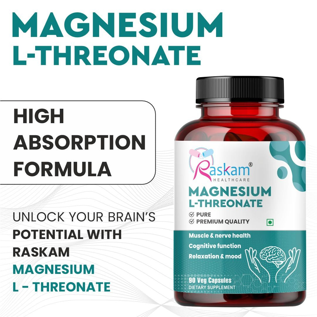 Raskam Magnesium L-Threonate Capsules for Brain Health, Memory & Focus Support | Improves Sleep Quality | 90 Veg Capsules