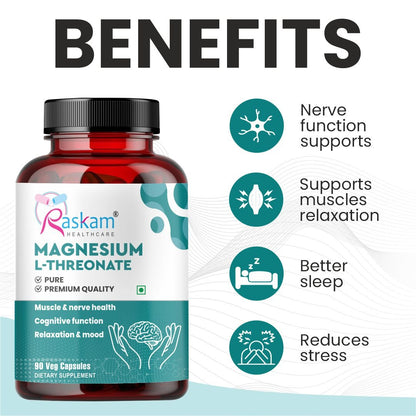 Raskam Magnesium L-Threonate Capsules for Brain Health, Memory & Focus Support | Improves Sleep Quality | 90 Veg Capsules