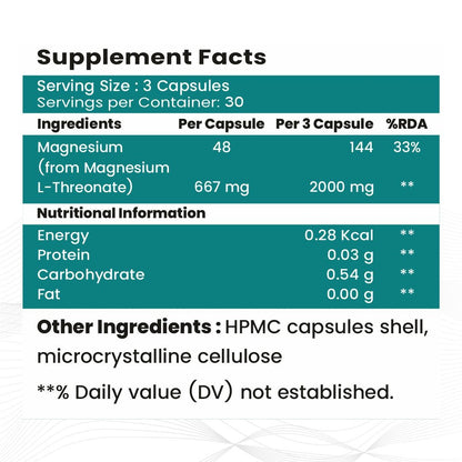 Raskam Magnesium L-Threonate Capsules for Brain Health, Memory & Focus Support | Improves Sleep Quality | 90 Veg Capsules