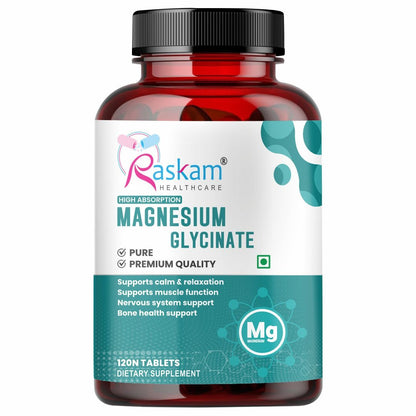 Raskam Magnesium Glycinate, 2000mg per serving, 120 vegetarian tablets, supports muscle recovery, sleep and nerve health
