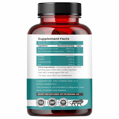 Raskam Magnesium Glycinate, 2000mg per serving, 120 vegetarian tablets, supports muscle recovery, sleep and nerve health