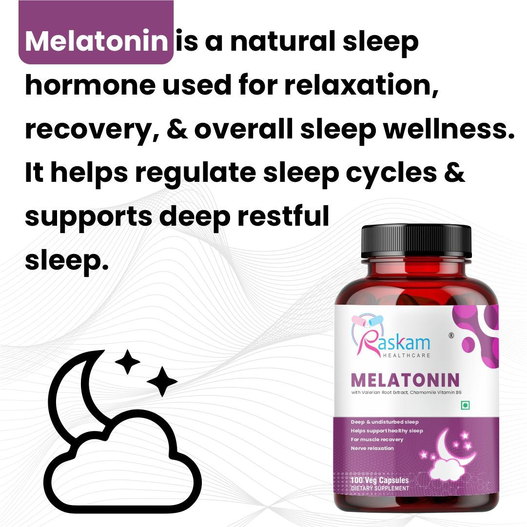 Raskam Melatonin 5mg- 100 capsules- Promotes Sleep and Relaxation