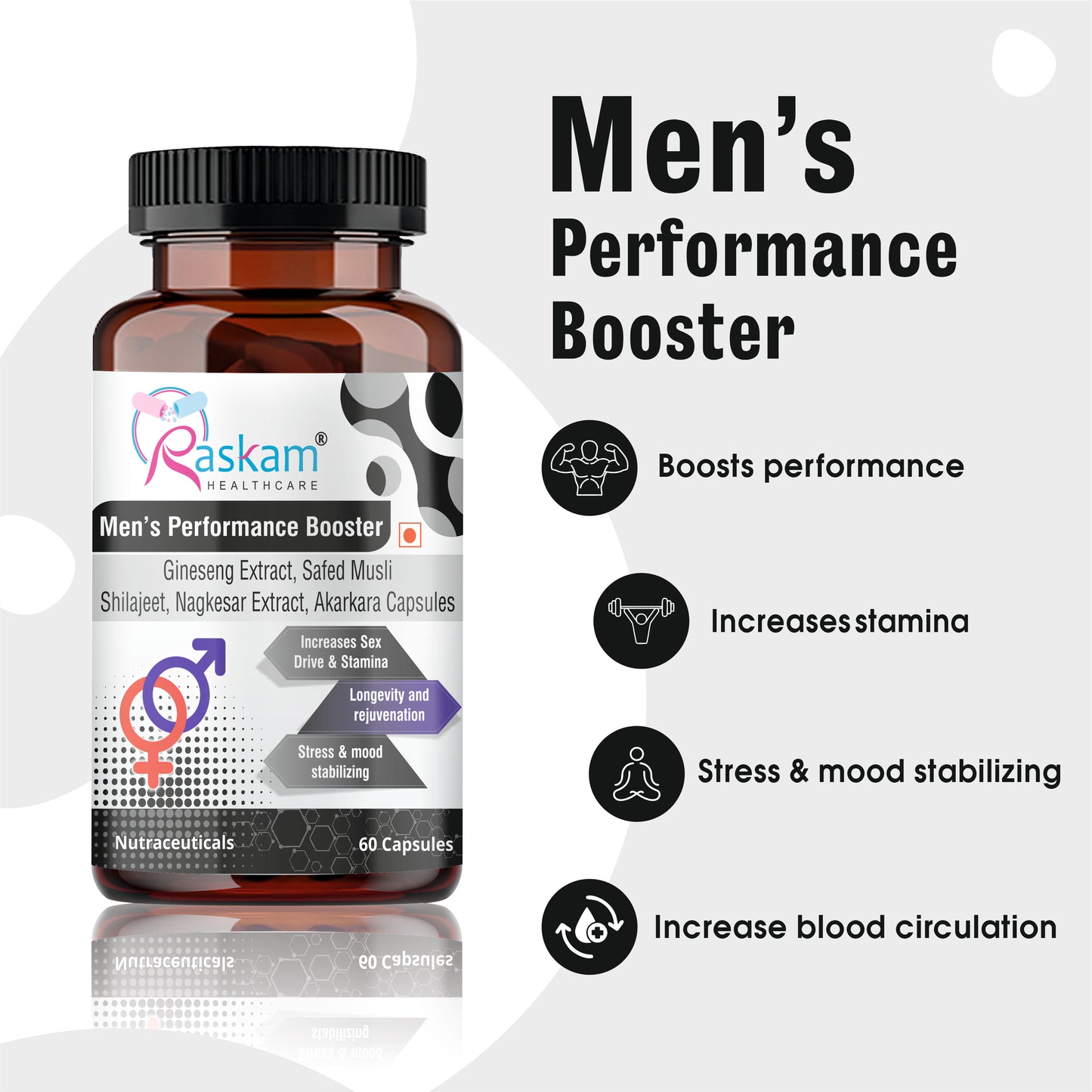 Raskam Men's Performance Booster 60 - Capsules - Improve Muscle Strength & Performance, Boost Energy for Men