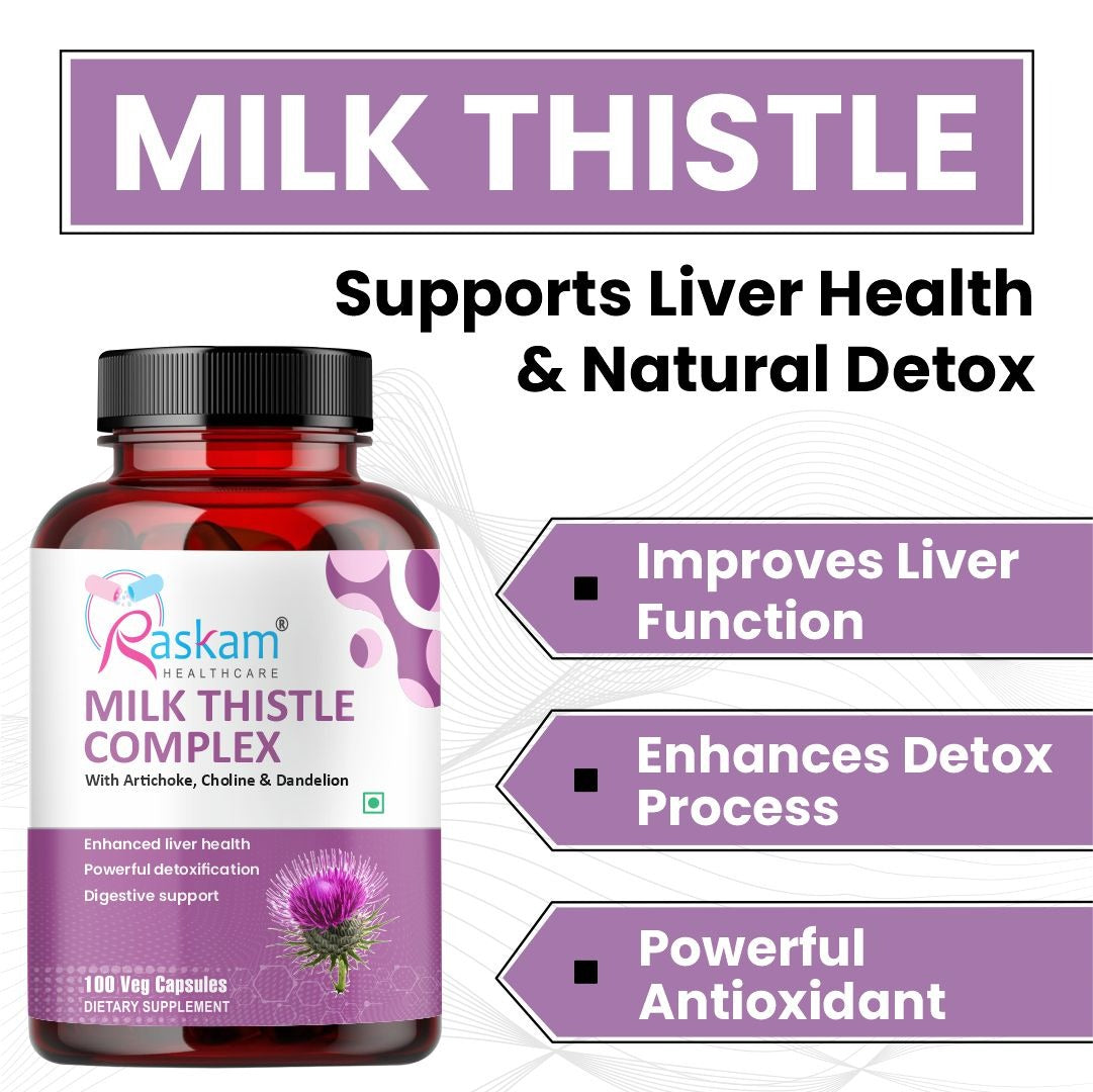 Raskam Milk Thistle Complex | Liver & Gall bladder health supplement | Antioxidant & anti- inflammatory | Liver Detox, Liver refresher | 100 Veg Capsules
