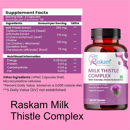 Raskam Milk Thistle Complex | Liver & Gall bladder health supplement | Antioxidant & anti- inflammatory | Liver Detox, Liver refresher | 100 Veg Capsules