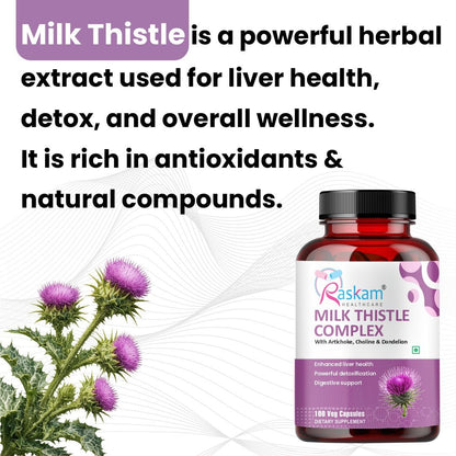 Raskam Milk Thistle Complex | Liver & Gall bladder health supplement | Antioxidant & anti- inflammatory | Liver Detox, Liver refresher | 100 Veg Capsules
