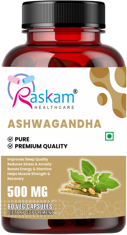 Raskam Ashwagandha - 60 Veg Capsules Boost Energy, Strength, Stamina | Helps Anxiety & Stress Relief For Men & Women