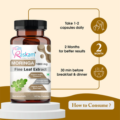 Raskam Moringa 100 Capsules- Helps Lower Blood Sugar & Cholesterol Levels,  Boost Metabolism and Digestion