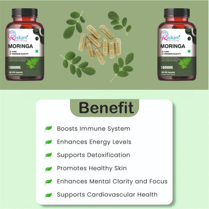 Raskam Moringa 100 Capsules- Helps Lower Blood Sugar & Cholesterol Levels,  Boost Metabolism and Digestion