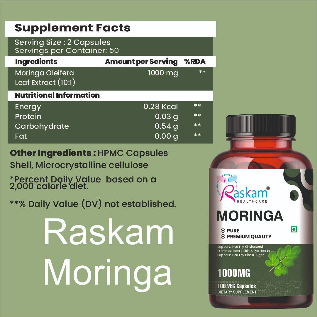 Raskam Moringa 100 Capsules- Helps Lower Blood Sugar & Cholesterol Levels,  Boost Metabolism and Digestion