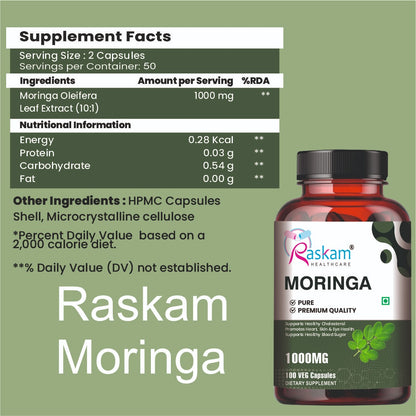 Raskam Moringa 100 Capsules- Helps Lower Blood Sugar & Cholesterol Levels,  Boost Metabolism and Digestion