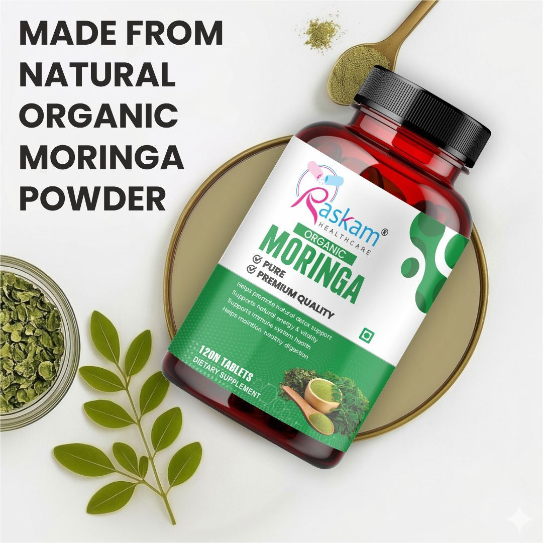 Raskam Organic Moringa Tablet with 1200mg moringa Leaves Extract | Moringa Powder Tablets for Immunity, Digestion & Energy | Moringa Leaves 120 Tablets