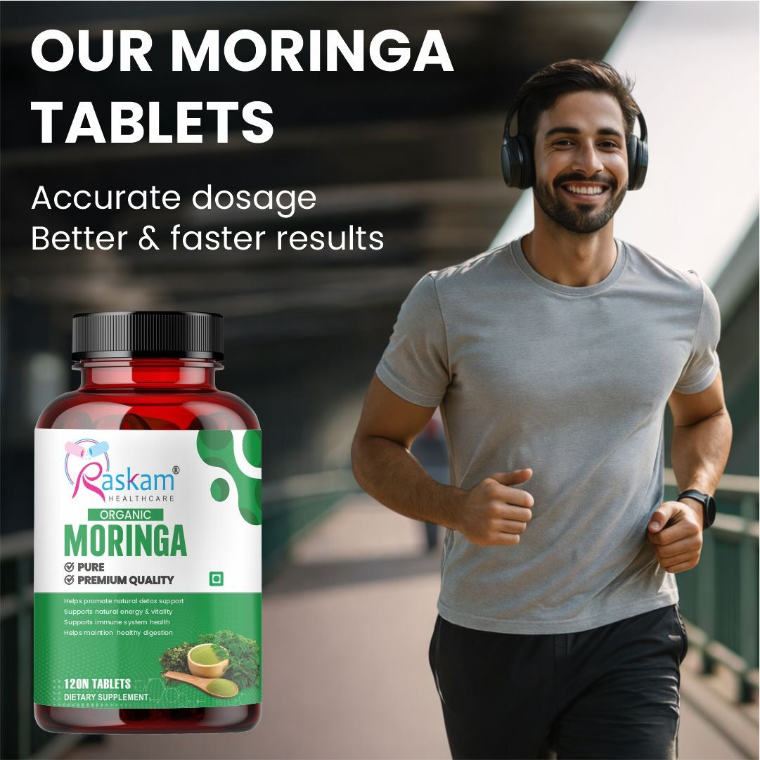Raskam Organic Moringa Tablet with 1200mg moringa Leaves Extract | Moringa Powder Tablets for Immunity, Digestion & Energy | Moringa Leaves 120 Tablets