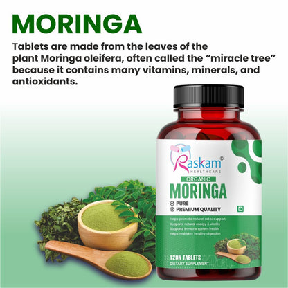 Raskam Organic Moringa Tablet with 1200mg moringa Leaves Extract | Moringa Powder Tablets for Immunity, Digestion & Energy | Moringa Leaves 120 Tablets