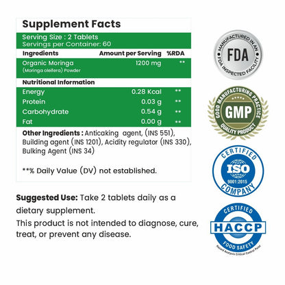 Raskam Organic Moringa Tablet with 1200mg moringa Leaves Extract | Moringa Powder Tablets for Immunity, Digestion & Energy | Moringa Leaves 120 Tablets