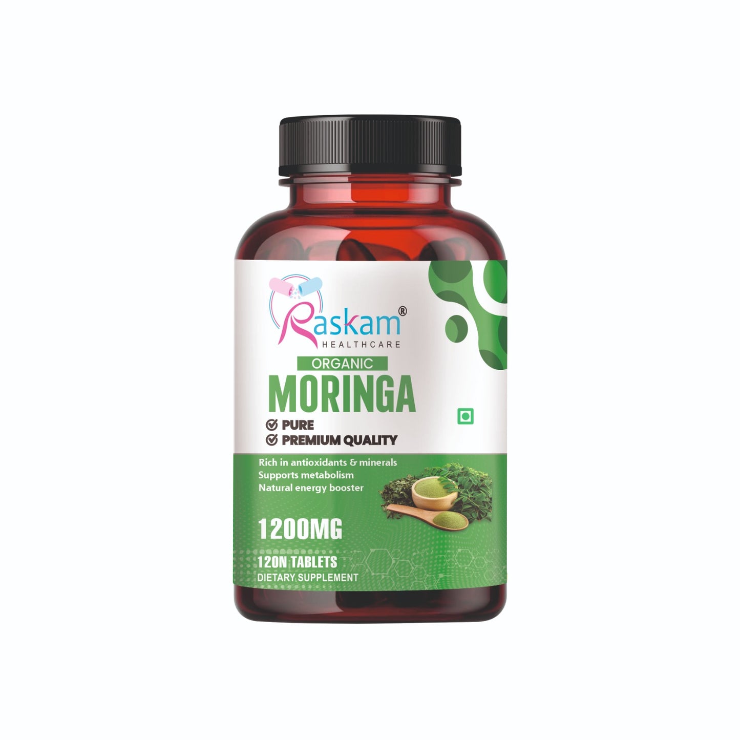 Raskam Organic Moringa Tablet with 1200mg moringa Leaves Extract | Moringa Powder Tablets for Immunity, Digestion & Energy | Moringa Leaves 120 Tablets