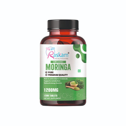 Raskam Organic Moringa Tablet with 1200mg moringa Leaves Extract | Moringa Powder Tablets for Immunity, Digestion & Energy | Moringa Leaves 120 Tablets
