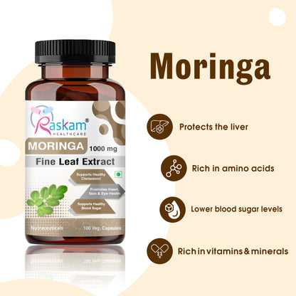 Raskam Moringa 100 Capsules- Helps Lower Blood Sugar & Cholesterol Levels,  Boost Metabolism and Digestion
