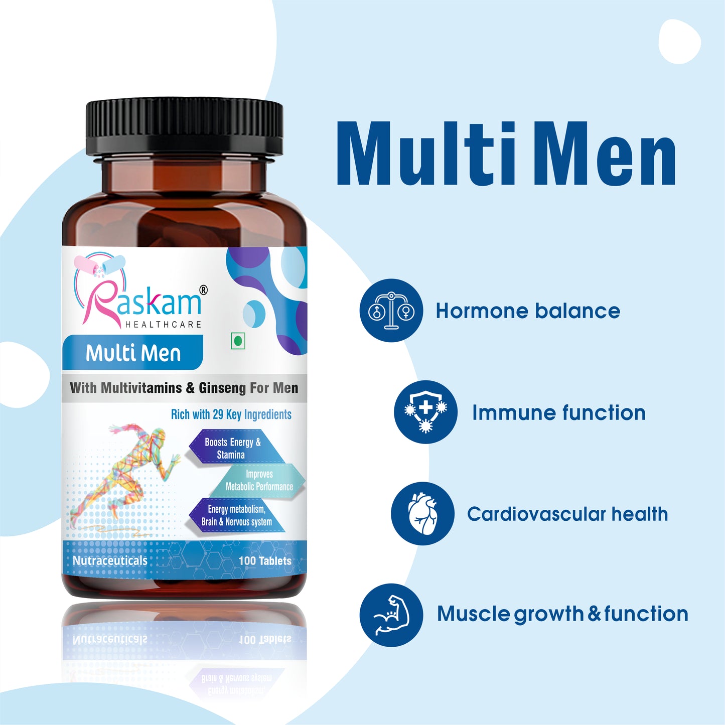 Raskam Multi Men - 100 Tablets-No.1 Multivitamin for Men with Panax Ginseng, Gingko Biloba & 29 vital Nutrients for Overall Health, Vitality , Strong Bones & Immunity