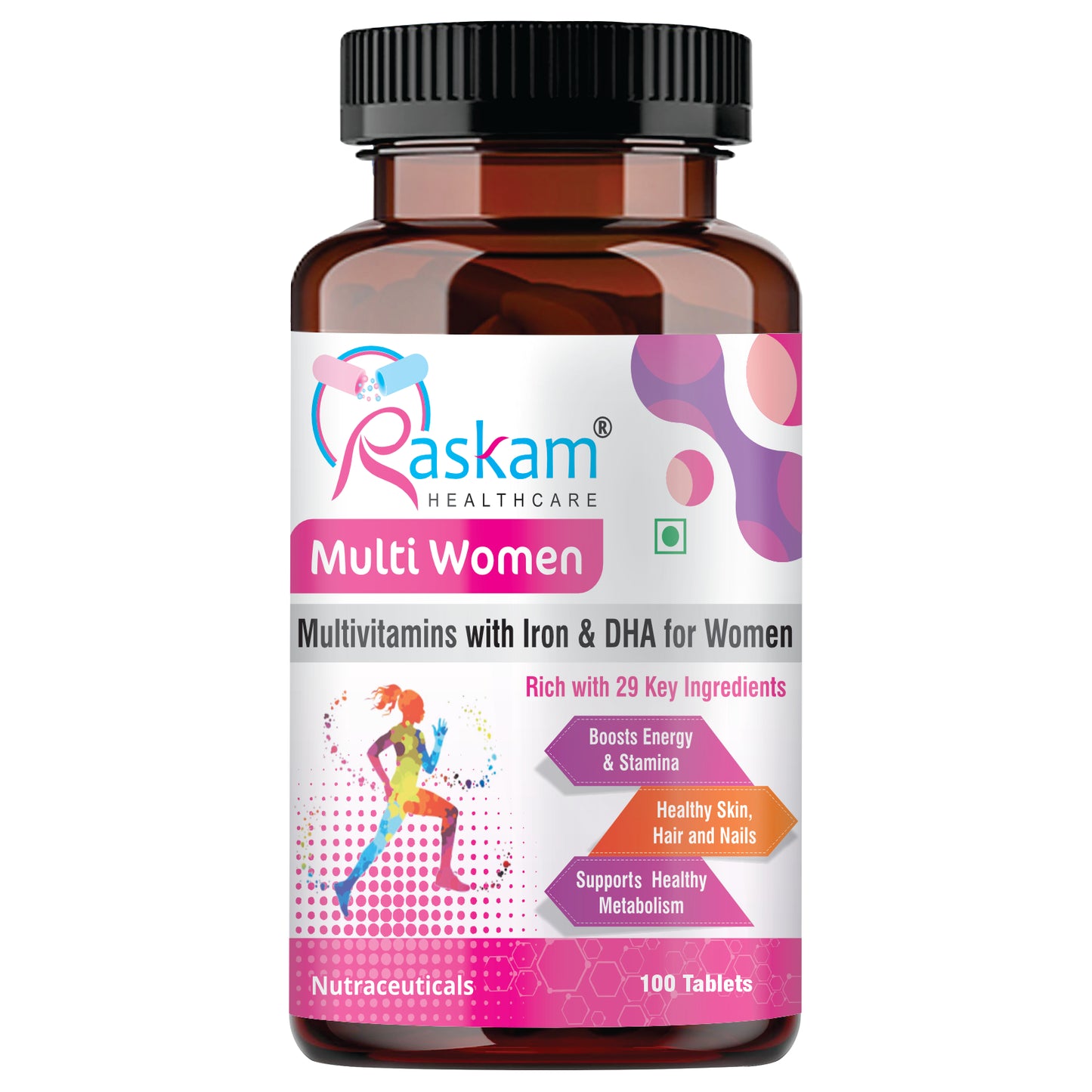 Raskam Multi Women - 100 Tablets-No.1 Multivitamin for Women with Biotin, Vitamin C & 29 vital Nutrients for Overall Health, Radiance, Strong Bones & Immunity