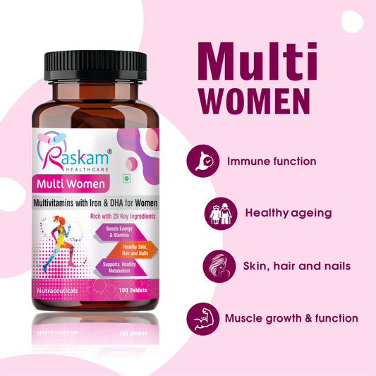 Raskam Multi Women - 100 Tablets-No.1 Multivitamin for Women with Biotin, Vitamin C & 29 vital Nutrients for Overall Health, Radiance, Strong Bones & Immunity