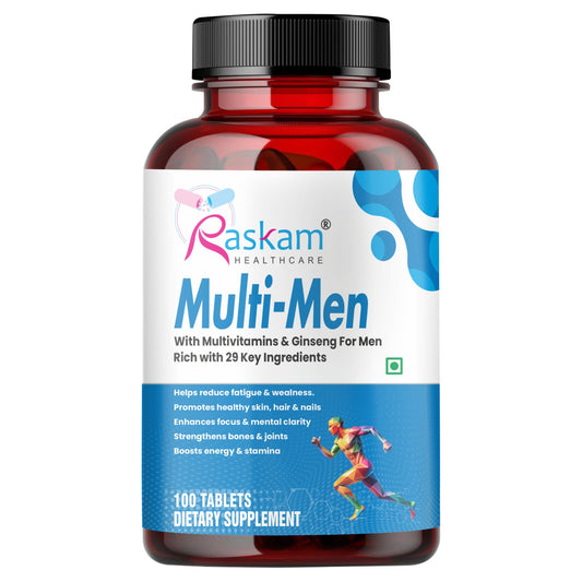 Raskam Multi Men - 100 Tablets-No.1 Multivitamin for Men with Panax Ginseng, Gingko Biloba & 29 vital Nutrients for Overall Health, Vitality , Strong Bones & Immunity