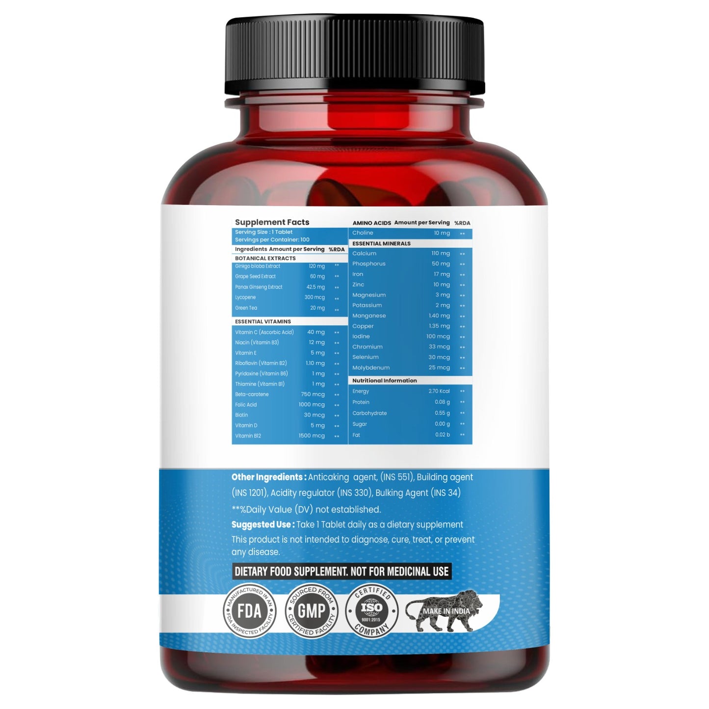 Raskam Multi Men - 100 Tablets-No.1 Multivitamin for Men with Panax Ginseng, Gingko Biloba & 29 vital Nutrients for Overall Health, Vitality , Strong Bones & Immunity