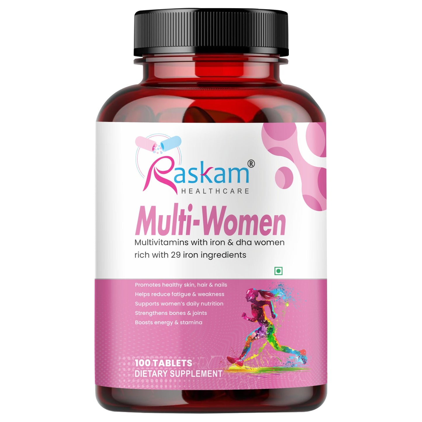 Raskam Multi Women - 100 Tablets-No.1 Multivitamin for Women with Biotin, Vitamin C & 29 vital Nutrients for Overall Health, Radiance, Strong Bones & Immunity