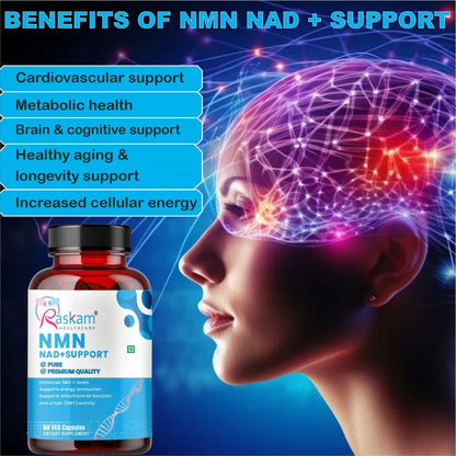 Raskam NMN 500mg capsules | Ultra-Pure 99% NMN for Longevity & Anti-Aging | NAD+ Boost, Cellular Energy & DNA Repair Support