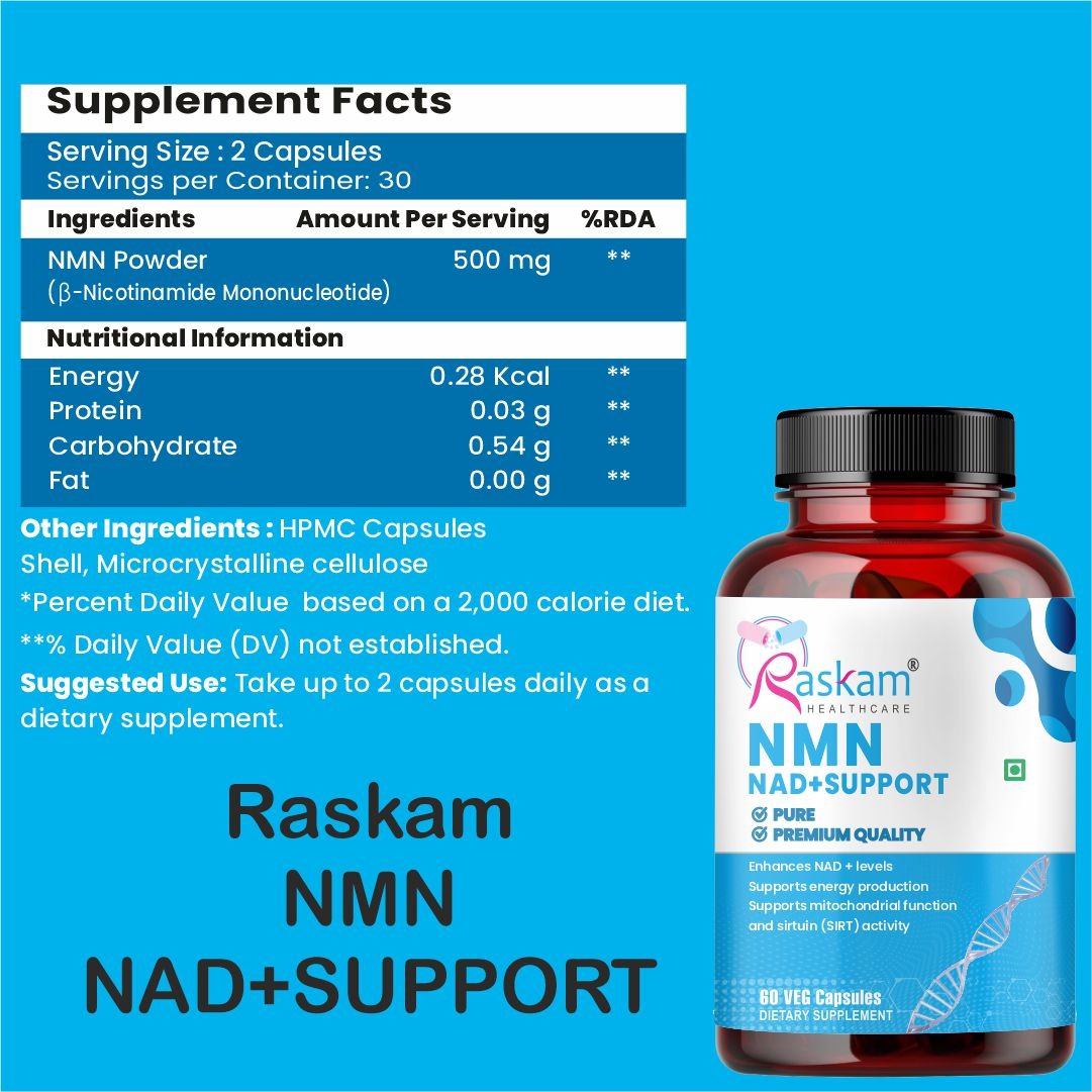 Raskam NMN 500mg capsules | Ultra-Pure 99% NMN for Longevity & Anti-Aging | NAD+ Boost, Cellular Energy & DNA Repair Support