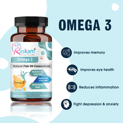 Raskam Omega 3 - 90 Softgels- For Men And Women,Omega3  2-3 Serving , for Brain, Heart, Eyes, and Joints Health