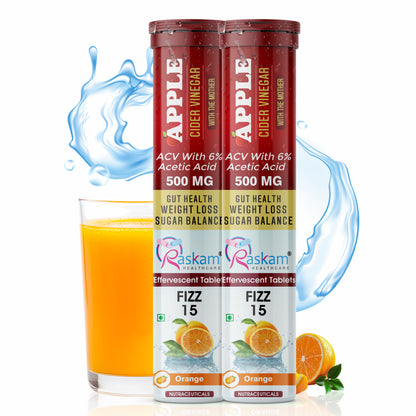 Raskam Apple Cider Vinegar Effervescent Tablets | ACV for Digestion, Gut Health, Metabolism & Weight Management | No Added Sugar | Zesty Orange Flavor | 15 Fizz Tablets (500mg)