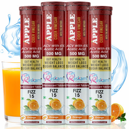Raskam Apple Cider Vinegar Effervescent Tablets | ACV for Digestion, Gut Health, Metabolism & Weight Management | No Added Sugar | Zesty Orange Flavor | 15 Fizz Tablets (500mg)