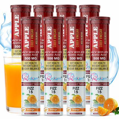 Raskam Apple Cider Vinegar Effervescent Tablets | ACV for Digestion, Gut Health, Metabolism & Weight Management | No Added Sugar | Zesty Orange Flavor | 15 Fizz Tablets (500mg)