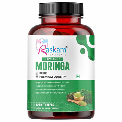 Raskam Organic Moringa Tablet with 1200mg moringa Leaves Extract | Moringa Powder Tablets for Immunity, Digestion & Energy | Moringa Leaves 120 Tablets