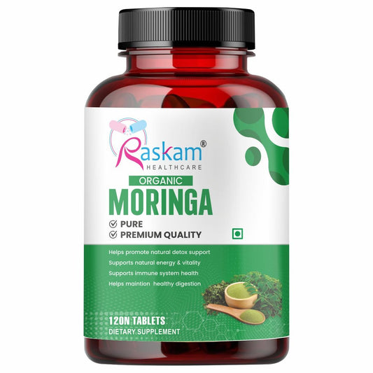 Raskam Organic Moringa Tablet with 1200mg moringa Leaves Extract | Moringa Powder Tablets for Immunity, Digestion & Energy | Moringa Leaves 120 Tablets