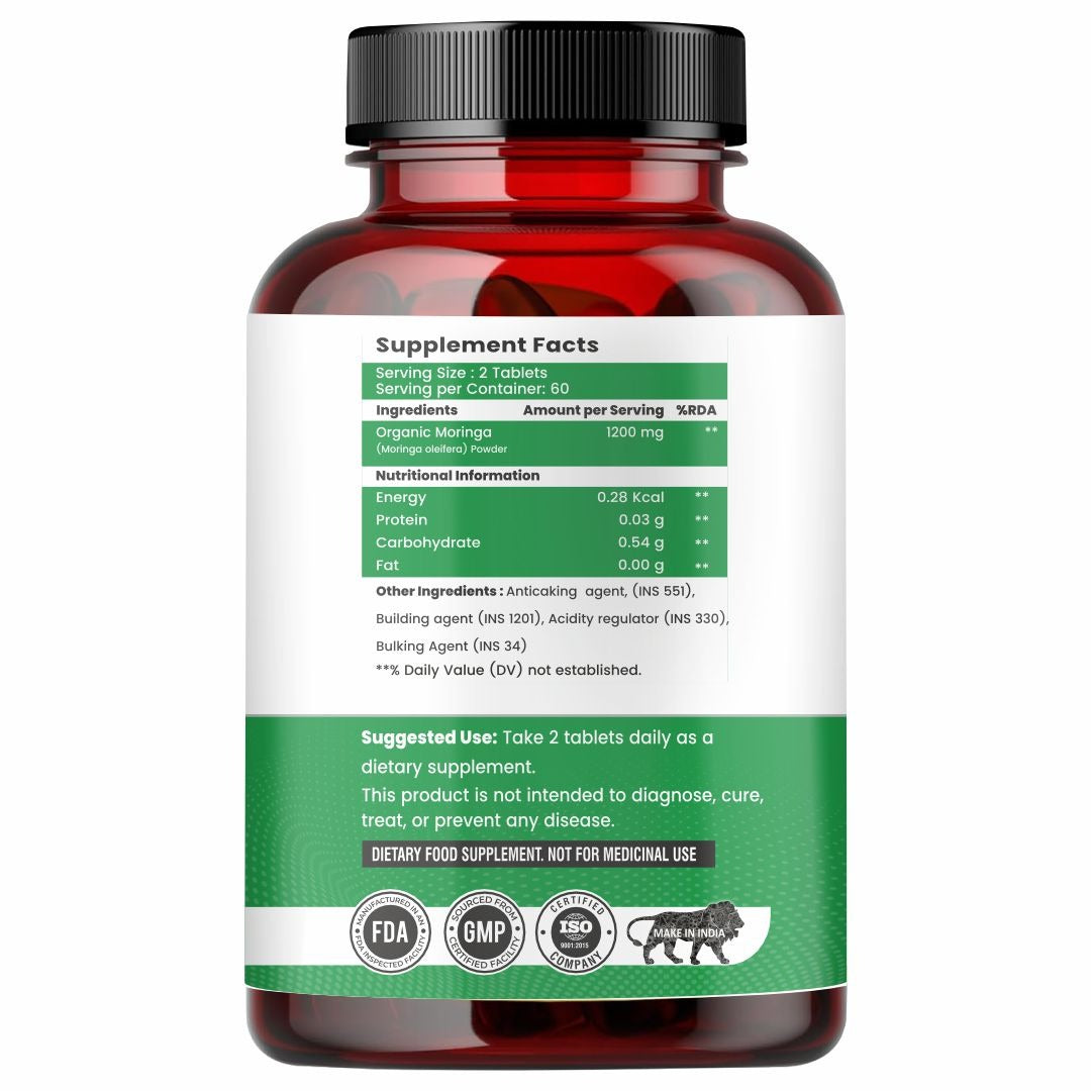 Raskam Organic Moringa Tablet with 1200mg moringa Leaves Extract | Moringa Powder Tablets for Immunity, Digestion & Energy | Moringa Leaves 120 Tablets