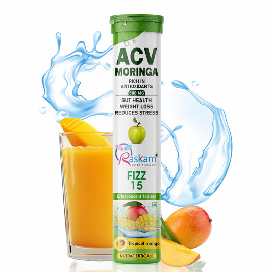 Raskam Apple Cider Vinegar (ACV) Moringa | Master Your Appetite & Boost Immunity | Natural Energy with Antioxidants | No Added Sugar |  Tropical Mango Flavor | 15 Fizz Tablets (500mg)