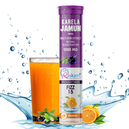 Raskam Karela Jamun with Multi Herb Extract Effervescent Tablets | Helps in High Sugar Condition | Promotes Healthy Glucose Metabolism | Diabetes Management  | Boosts Digestive Health | Blue Raspberry Flavor 15 Fizz Tablets