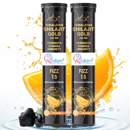 Raskam Shilajit Gold Effervescent Tablets | Ayurvedic Himalayan Shilajit Original Effervescent Tablets For Men | Helps In Boosting Strength, Stamina & Power | Pure Shilajit Gold For Men | No Added Sugar | Orange Flavor | 15 Fizz Tablets (500mg)