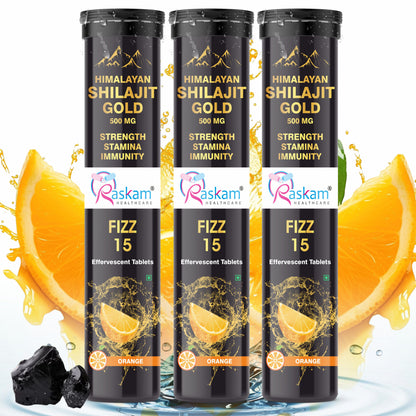 Raskam Shilajit Gold Effervescent Tablets | Ayurvedic Himalayan Shilajit Original Effervescent Tablets For Men | Helps In Boosting Strength, Stamina & Power | Pure Shilajit Gold For Men | No Added Sugar | Orange Flavor | 15 Fizz Tablets (500mg)