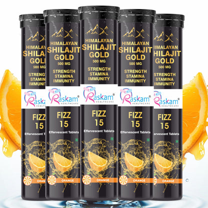 Raskam Shilajit Gold Effervescent Tablets | Ayurvedic Himalayan Shilajit Original Effervescent Tablets For Men | Helps In Boosting Strength, Stamina & Power | Pure Shilajit Gold For Men | No Added Sugar | Orange Flavor | 15 Fizz Tablets (500mg)